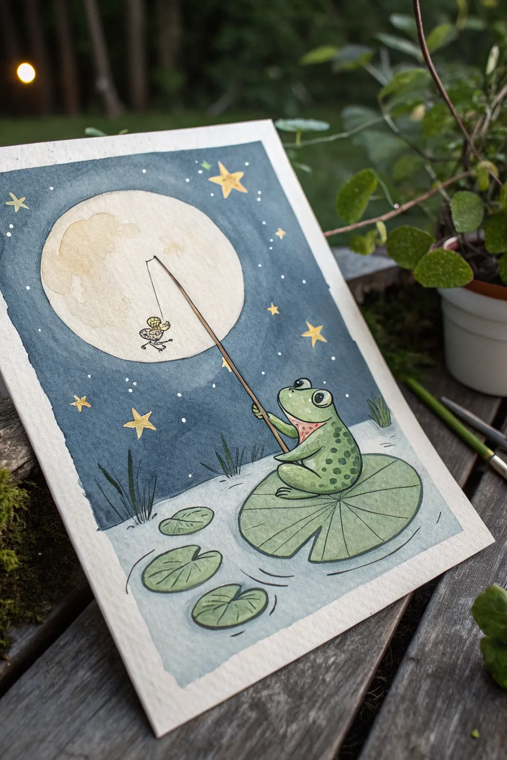 Moonlit fishing frog drawing idea in minimalist watercolor with cozy night glow and bold contrast