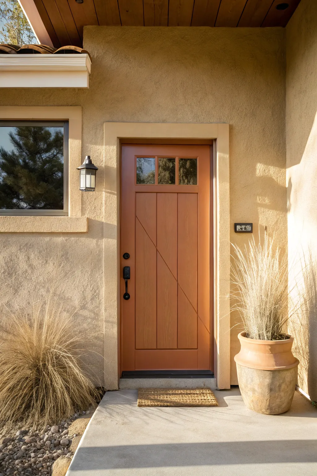 Clay terracotta front door against sand-beige walls for a warm, desert-inspired porch look