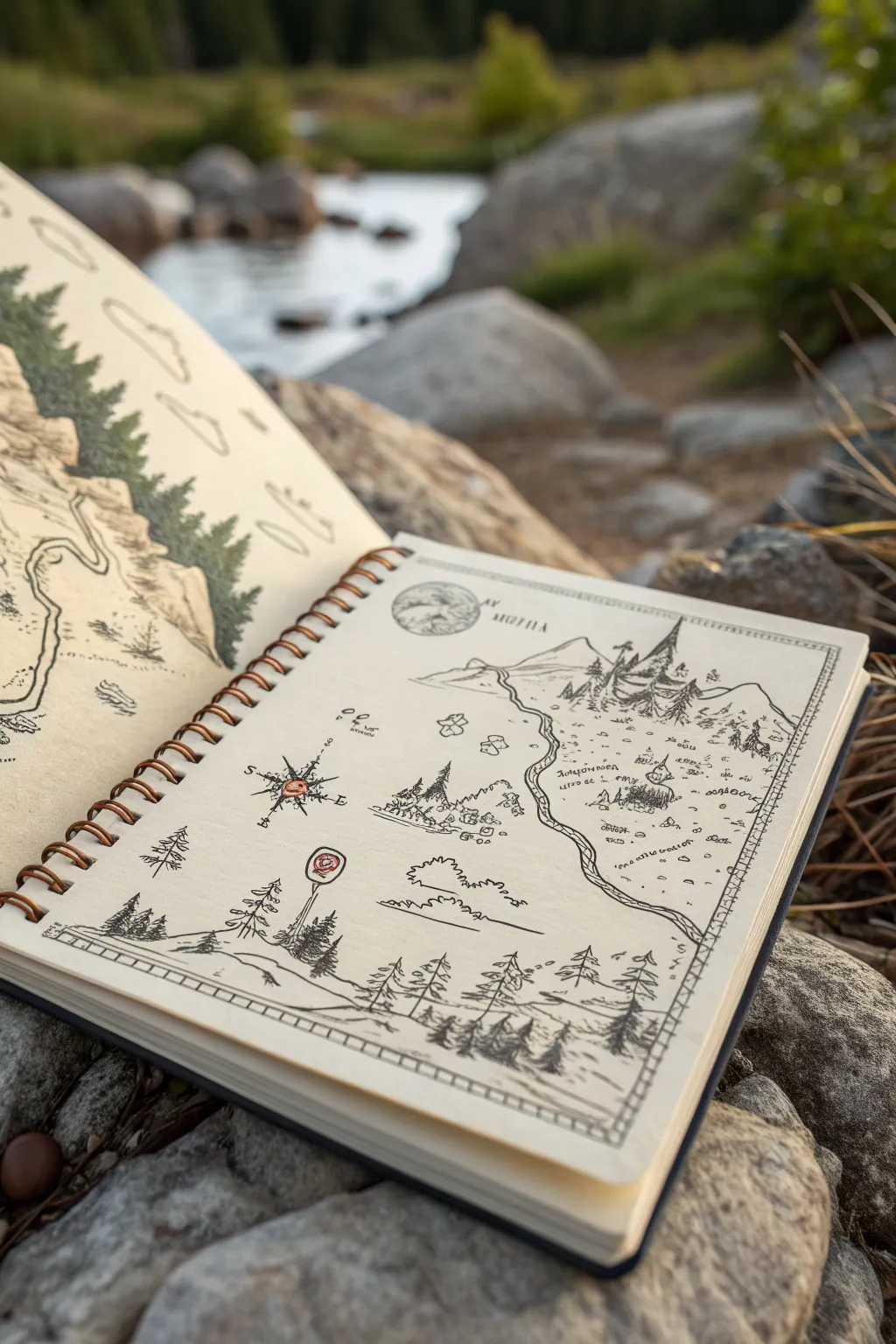 Dreamy full-page fantasy map packed with tiny landmarks and symbols in bold boho color.