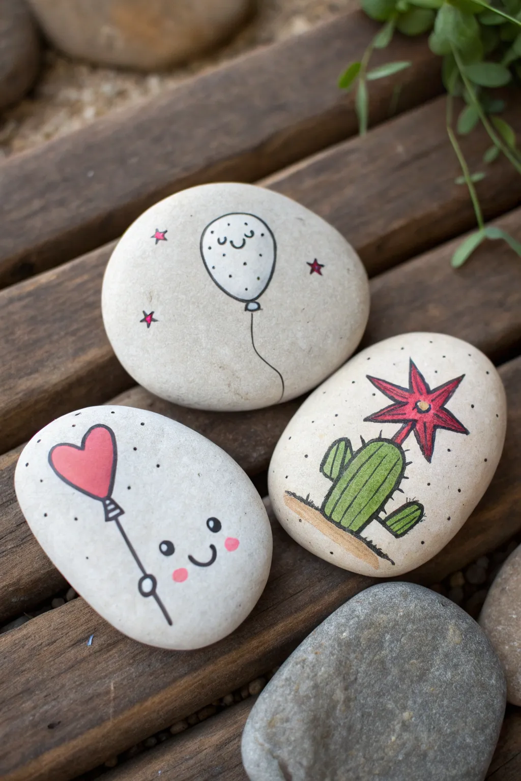 Three tiny painted rocks as a mini comic strip, clean Nordic boho style with a visual punchline