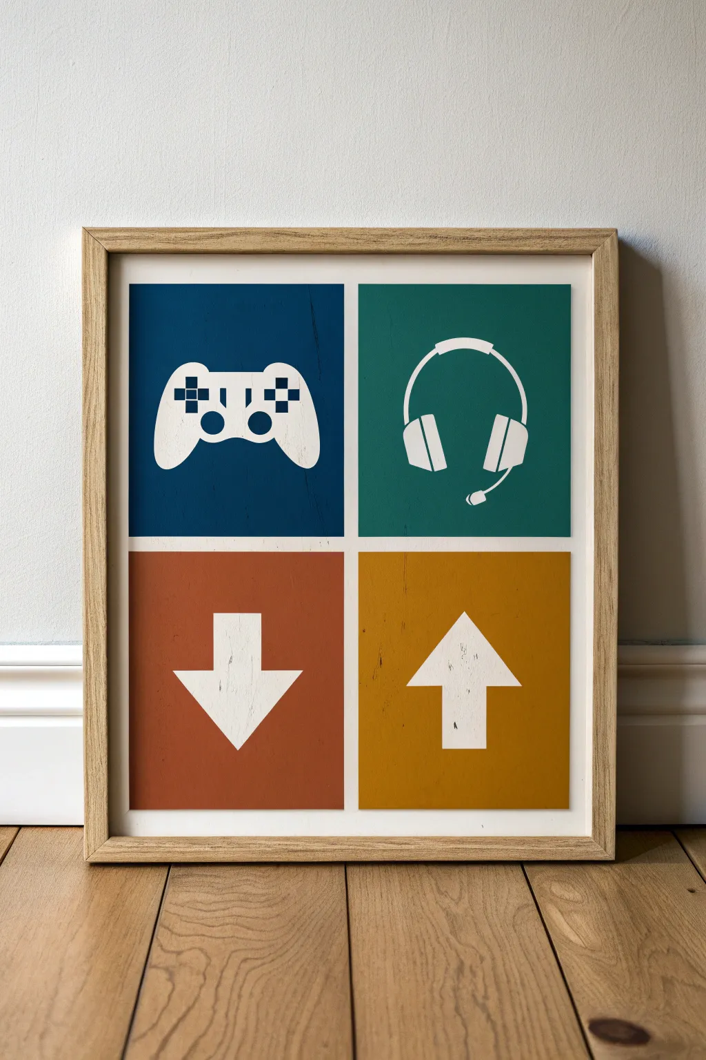 Minimalist negative-space gaming icons in bold color blocks for chic Scandinavian-boho decor.