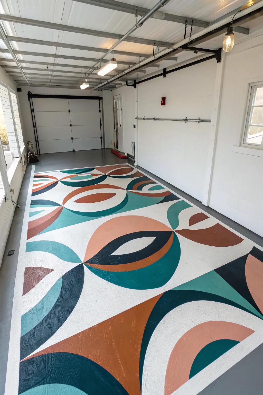 Bold abstract mural with glossy seal turns a simple garage floor into a chic minimalist canvas.