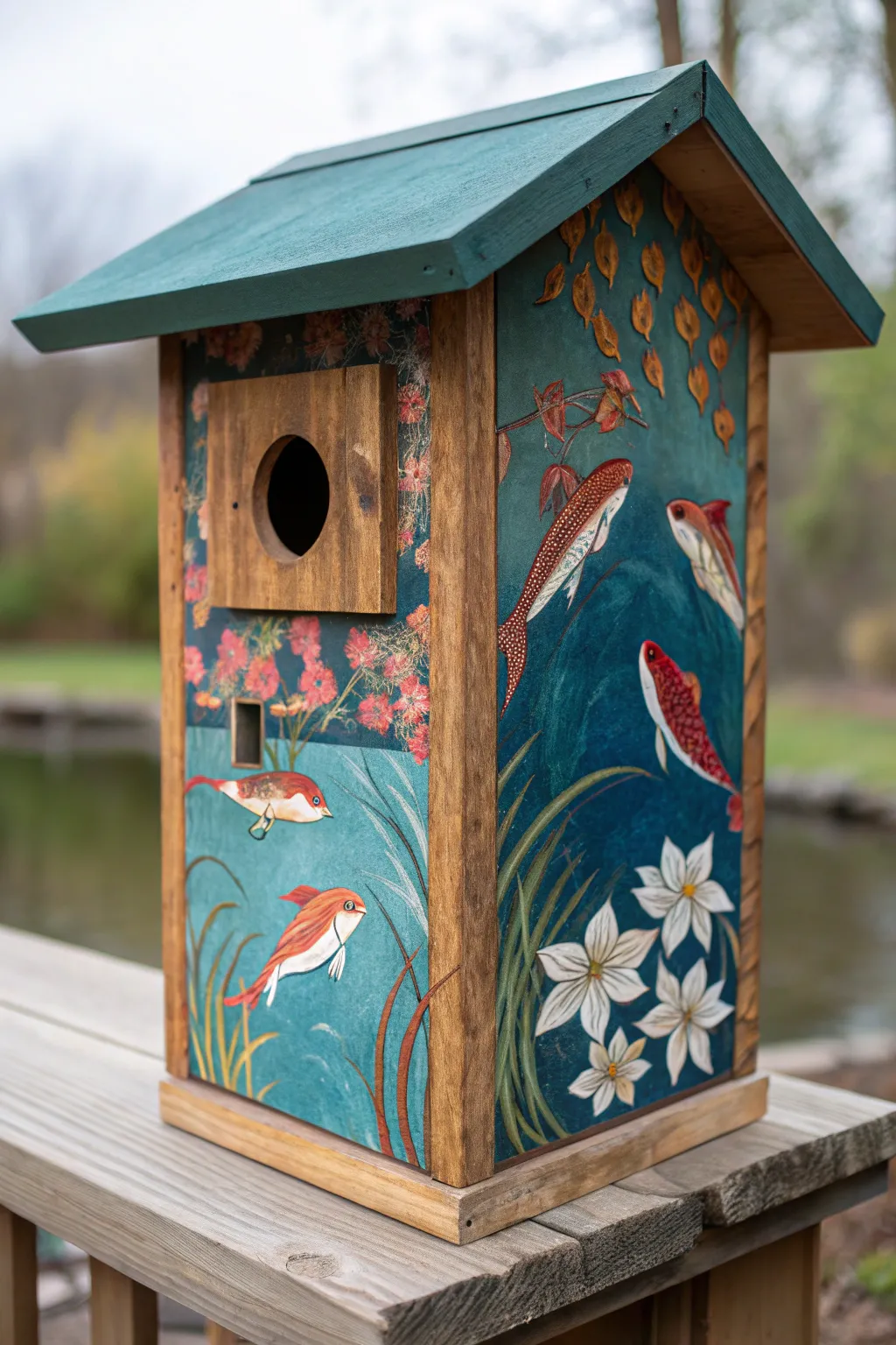 Wrap your gazebo birdhouse in a koi pond mural for a calm, colorful wraparound scene.