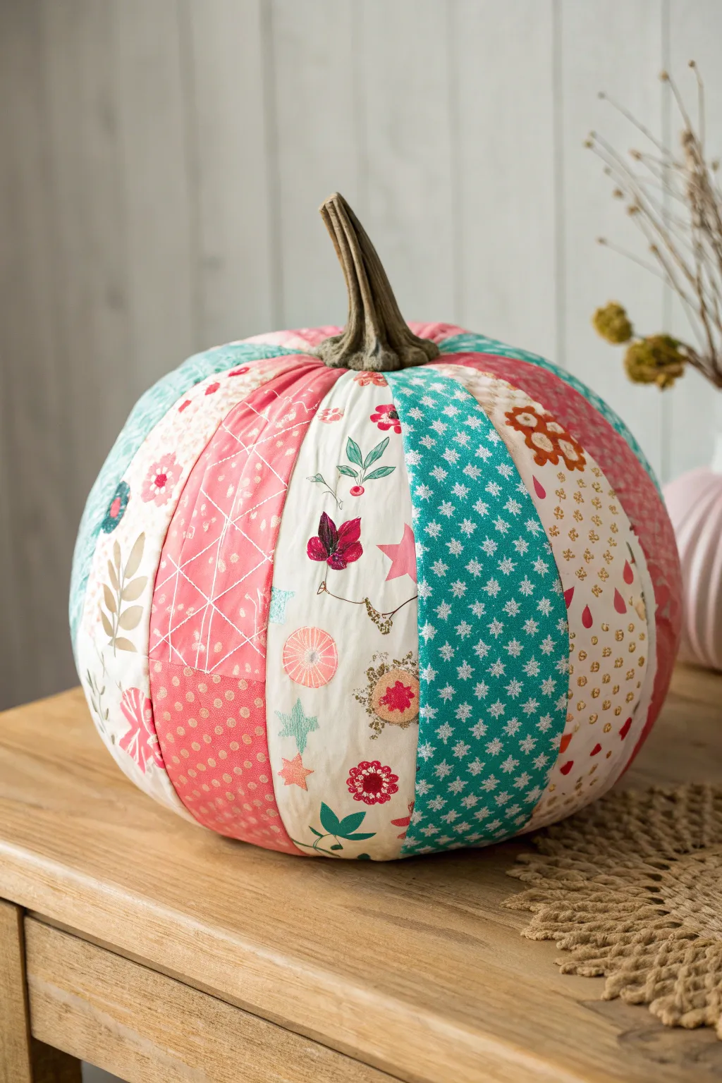 DIY collage fashion pumpkin with paper florals and bold patterns for a girly fall desk vibe