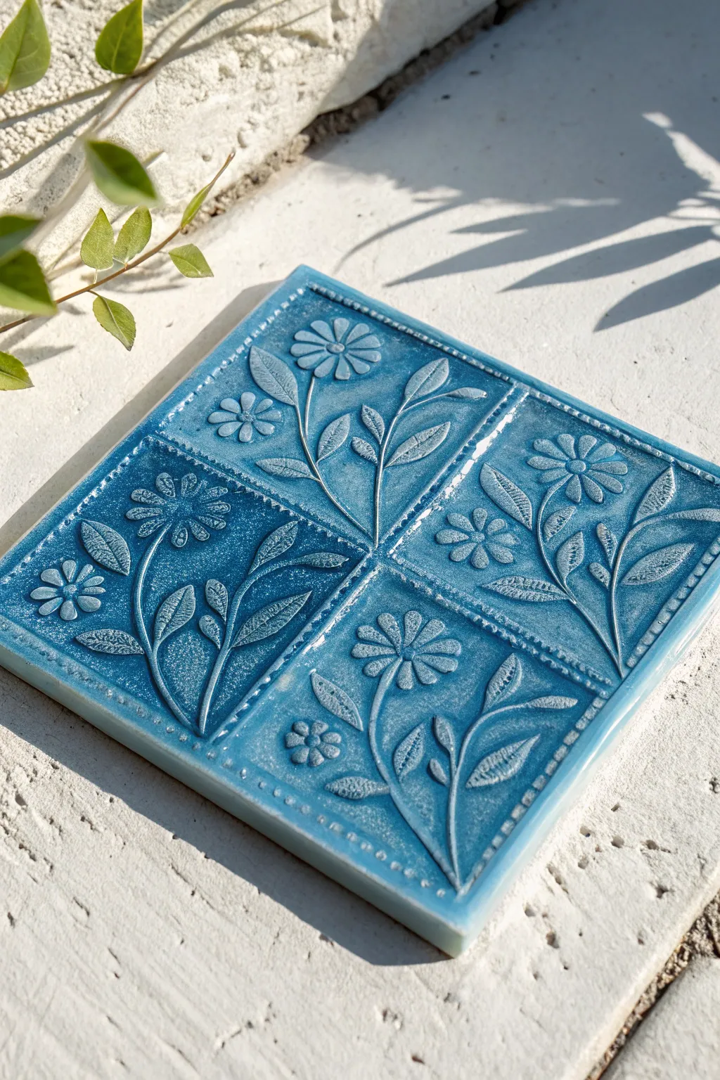 Cobalt kiln-carved relief glass tile, side-lit to highlight sculpted texture and shadows.
