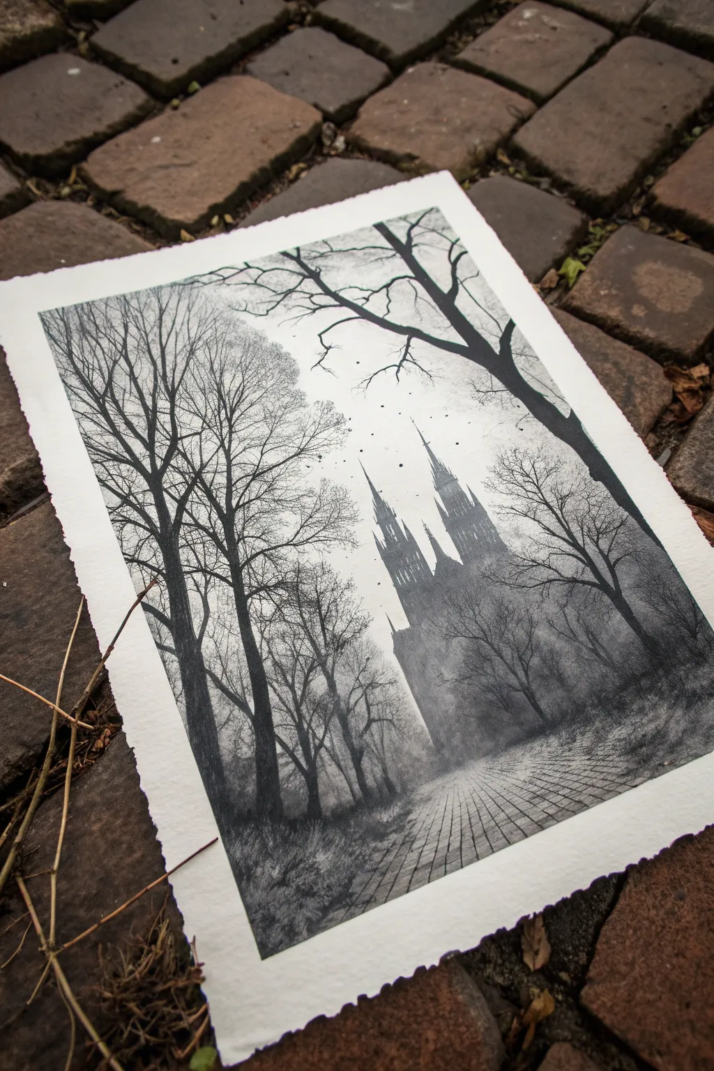 Monochrome ink wash gothic fog with splattered mist, minimalist craft vibes for moody inspiration.