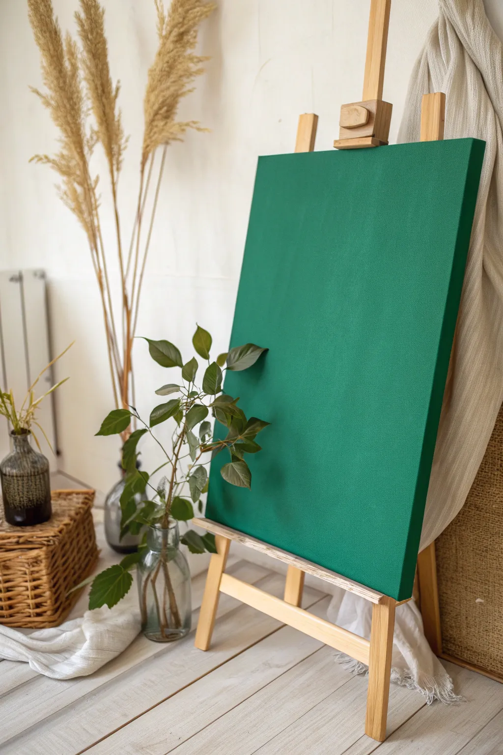 Green negative space botanical canvas, clean Scandinavian minimalism with a soft boho edge.