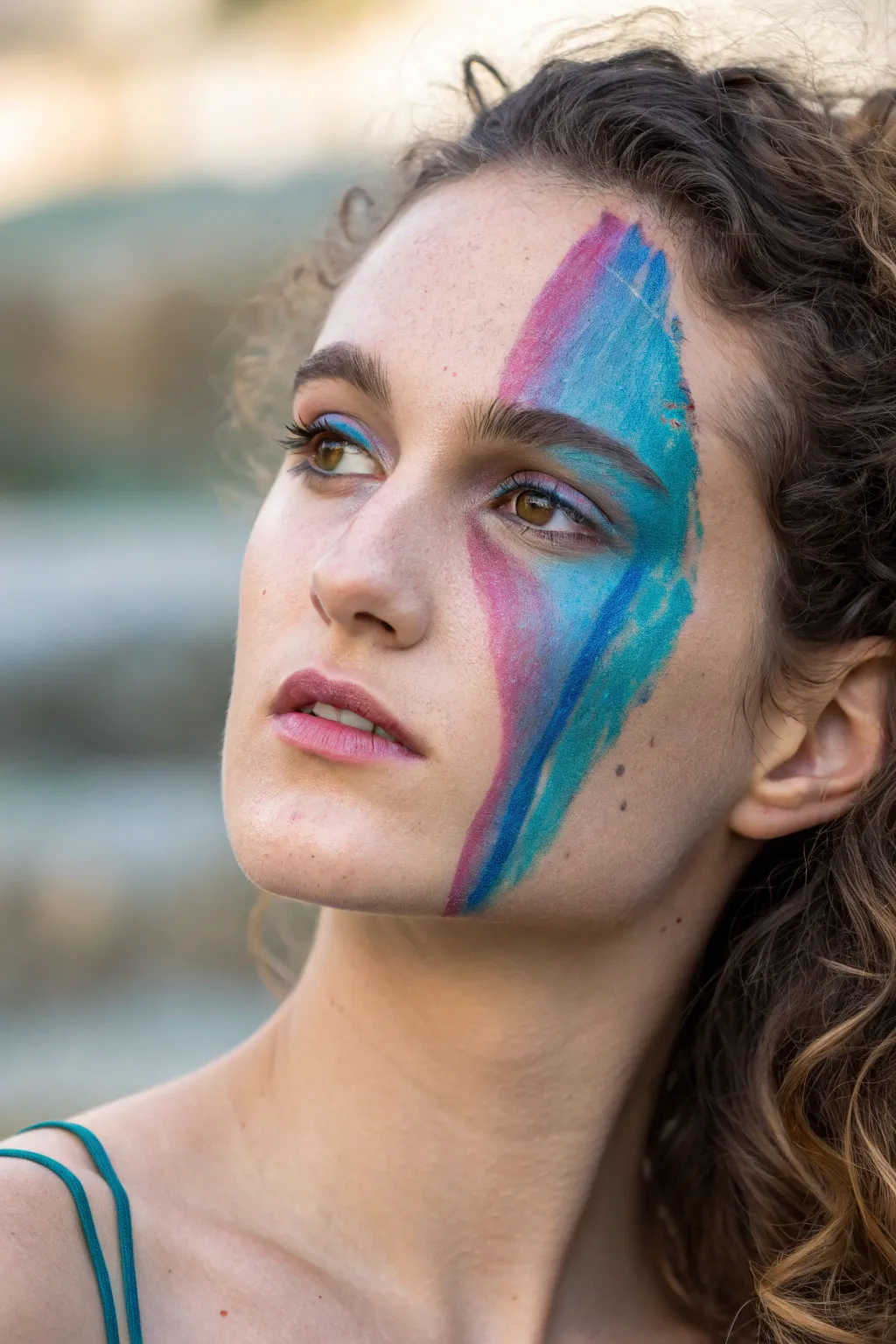 Half watercolor drip face paint that spills into real life, minimalist yet bold and dreamy