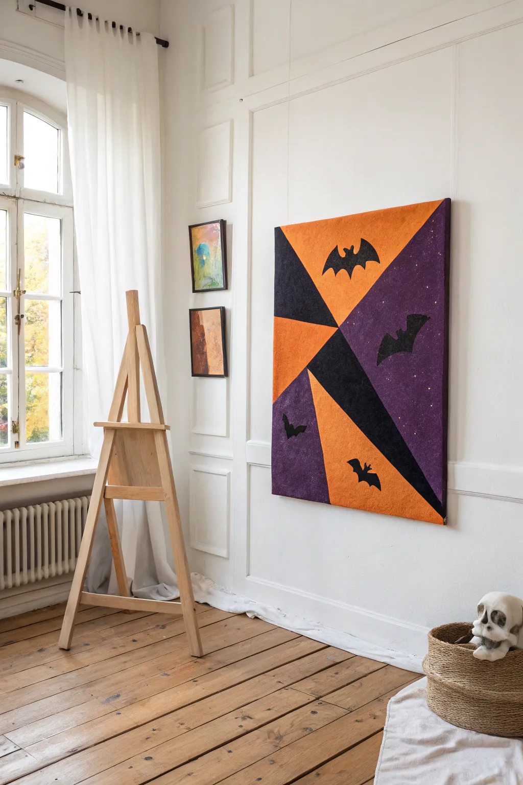 Modern abstract Halloween color field in orange, black, and purple with hidden symbols.