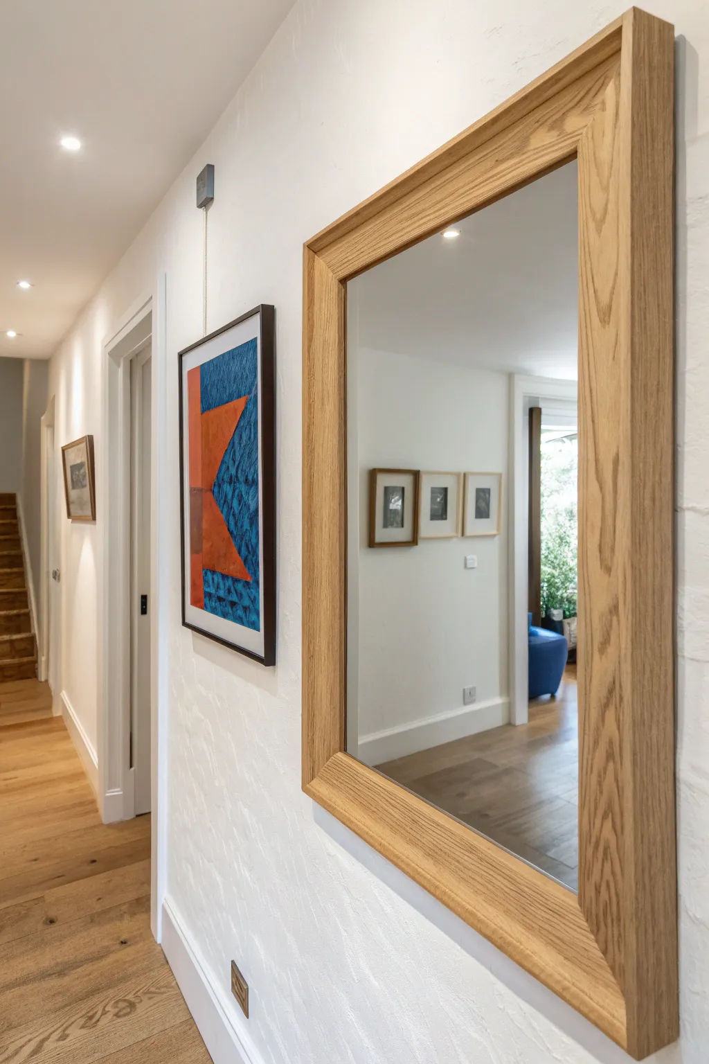 Mirror-and-art pairing: one bold piece seen twice for instant hallway depth and style