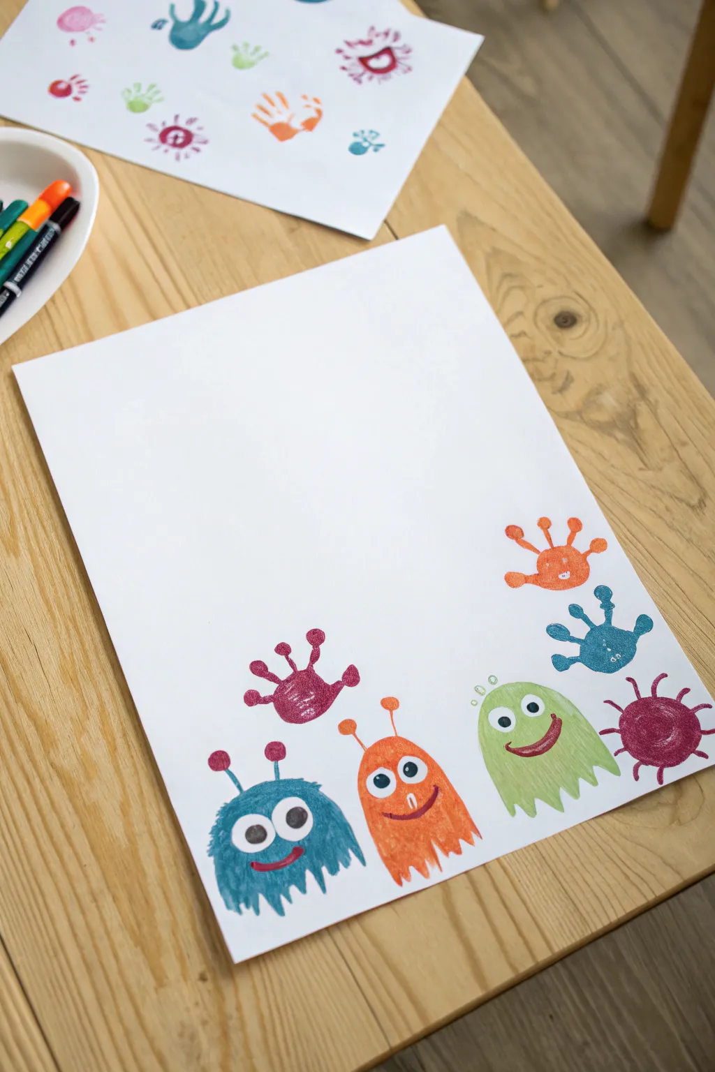 Colorful handprint monster art with paper eyes, bold on clean white for toddler fun