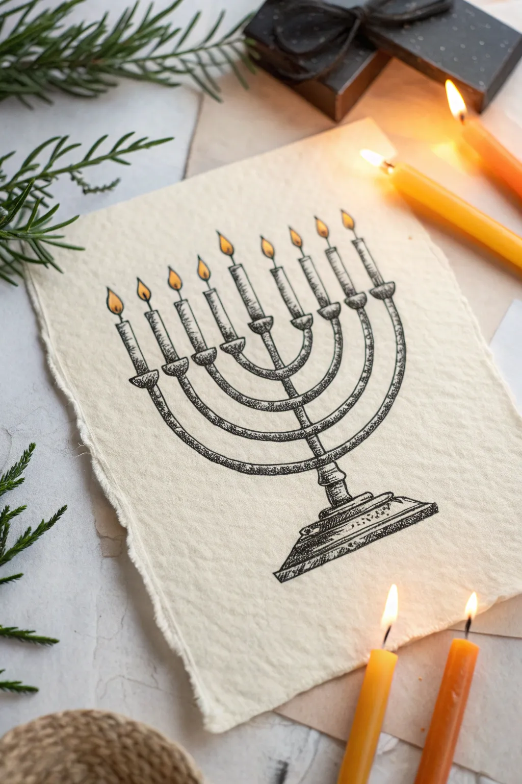 Menorah drawing idea with warm candlelight shading, clean lines, and a cozy nighttime glow