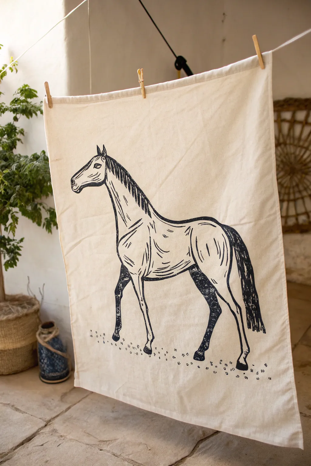 Stylized horse drawing with exaggerated long legs and bold color accents in a clean minimalist style