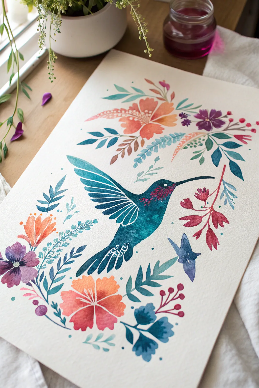 Dreamy double exposure hummingbird silhouette packed with bold blooms and soft layered wings