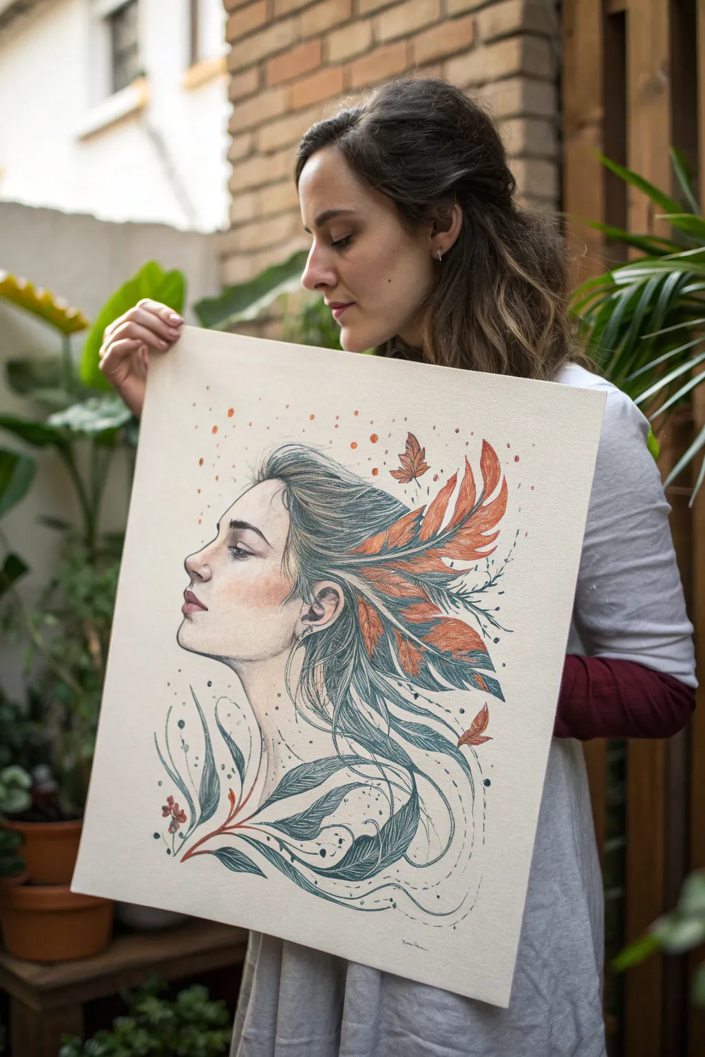 Metamorphosis portrait idea: half human, half becoming, with bold lines and organic growth