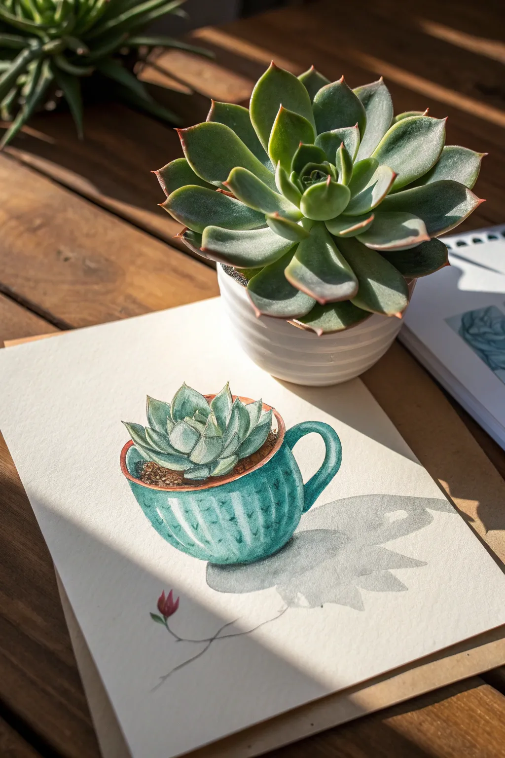 Surreal teacup-succulent mash-up drawing idea with one dramatic light source and clean shadows