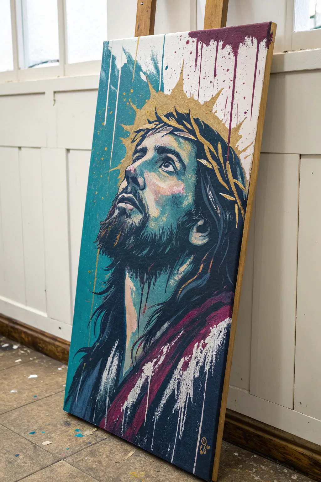 Abstract color splash Jesus energy in teal, magenta, gold and deep blue, minimalist boho vibe.