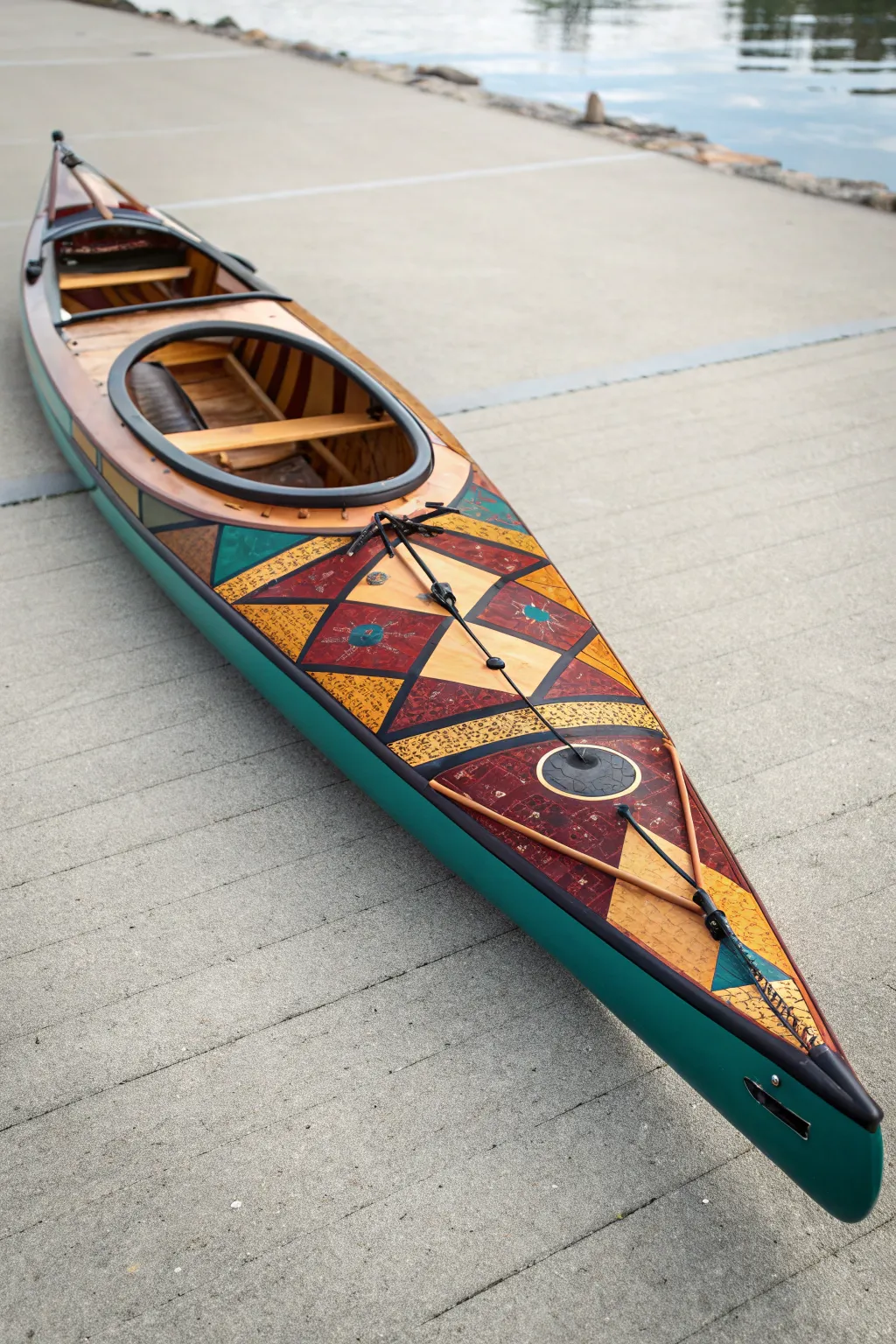 Pattern-under-clear-coat kayak paint look with bold boho color, glossy depth, and clean contrast