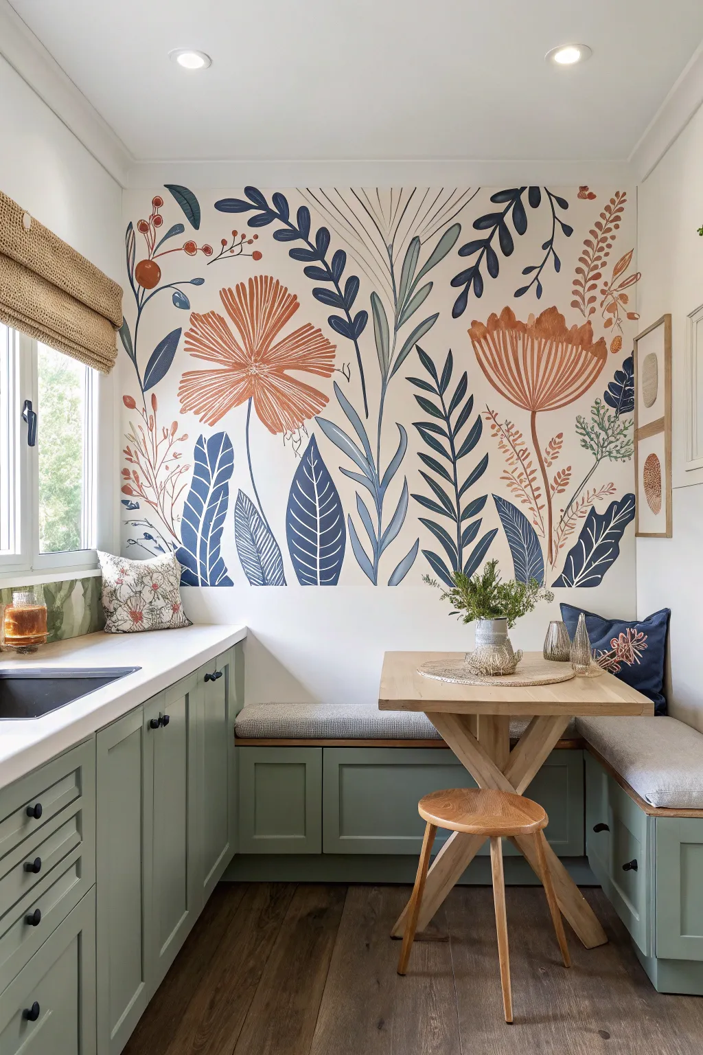 Hand-painted accent mural that ties your cabinet color together in a cozy, one-of-one nook.