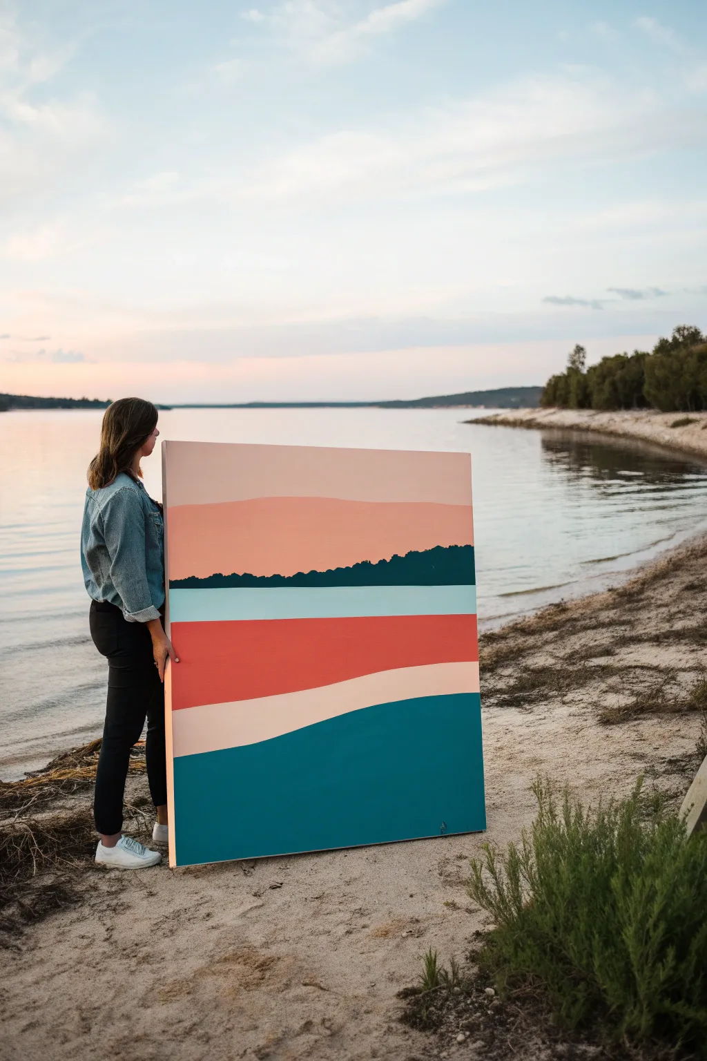 Abstract color-block lake landscape with crisp reflection and bold contrast for modern painting inspo
