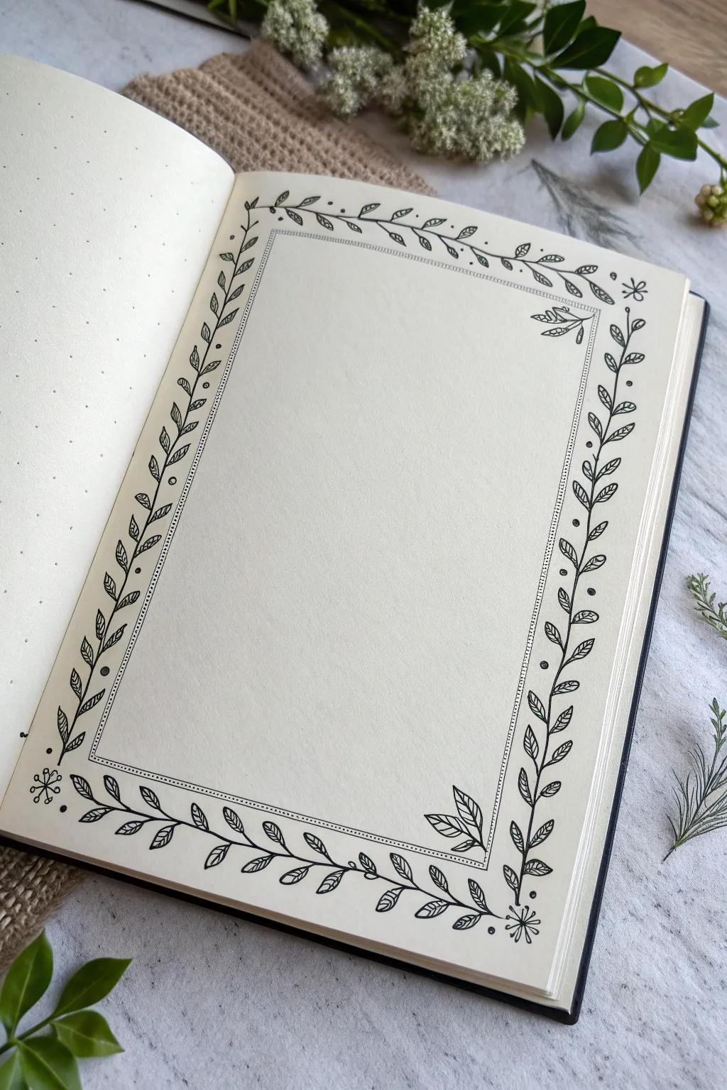 Tiny leaf border and corner flourish ideas on a clean sketchbook page, minimal and boho.