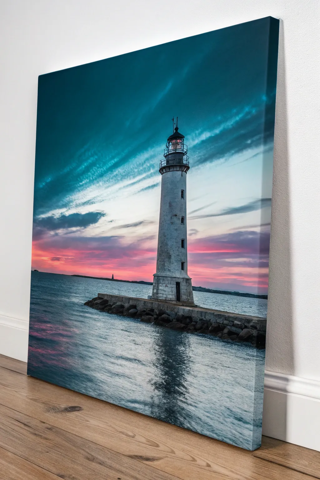 Dreamy floating lighthouse painting in bold coastal hues for minimalist Scandinavian decor.