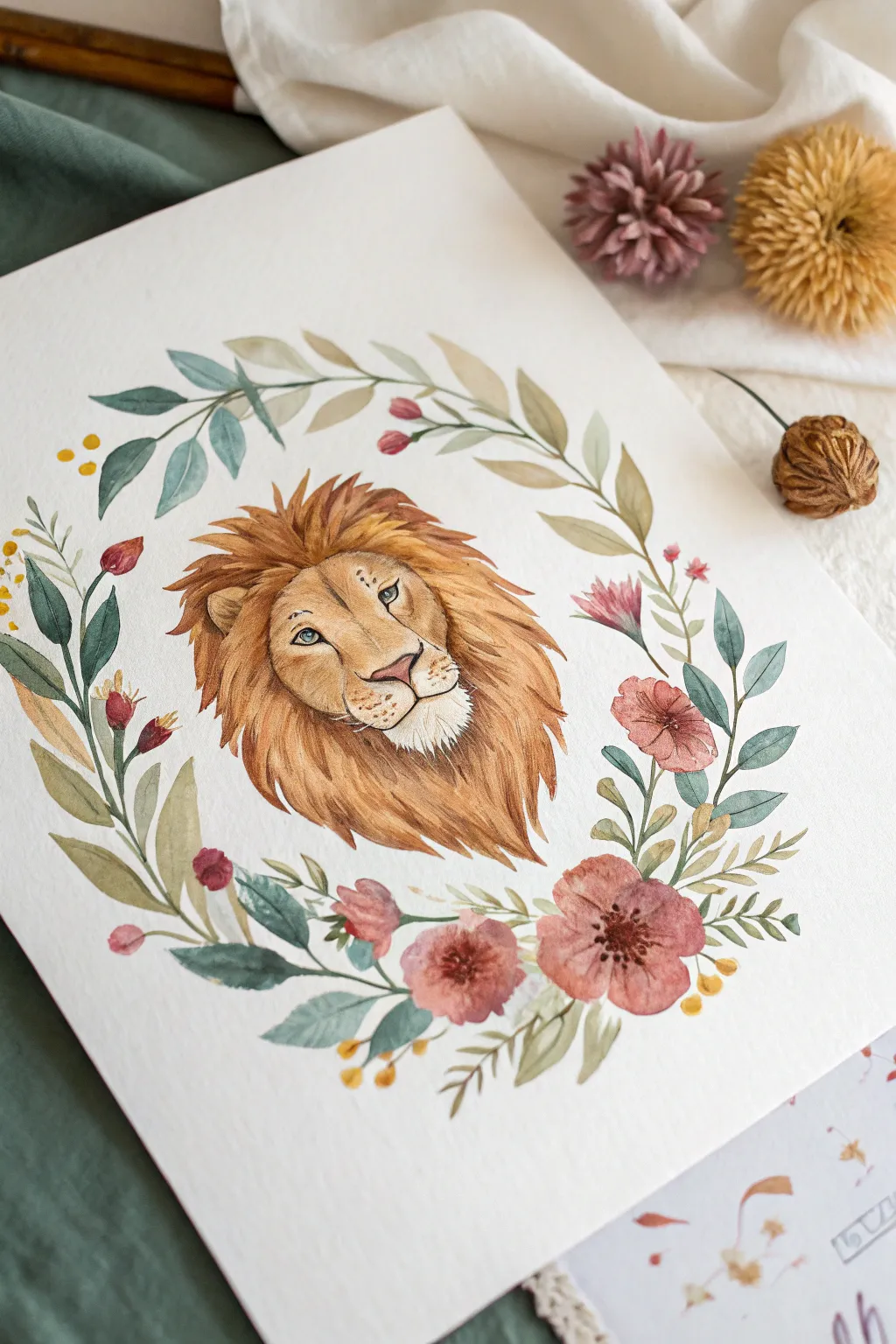 Floral mane lion portrait idea: minimalist Scandinavian vibe with boho blooms and bold contrast.