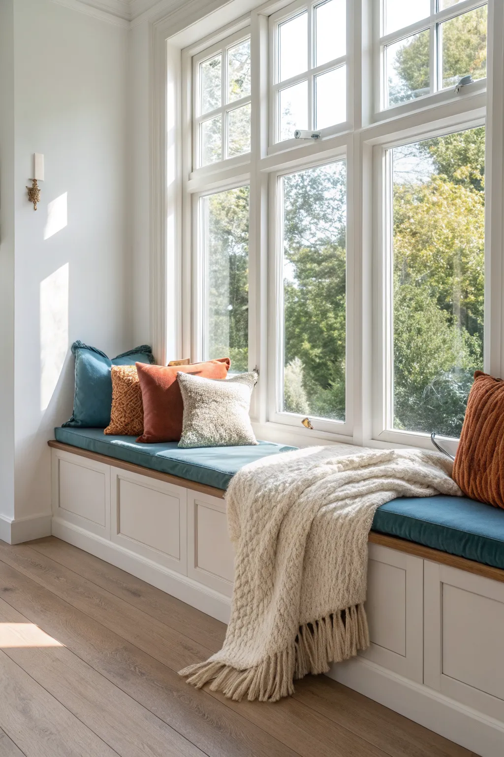 Create a sun-drenched window seat with bold cushions and a cozy throw for instant calm.
