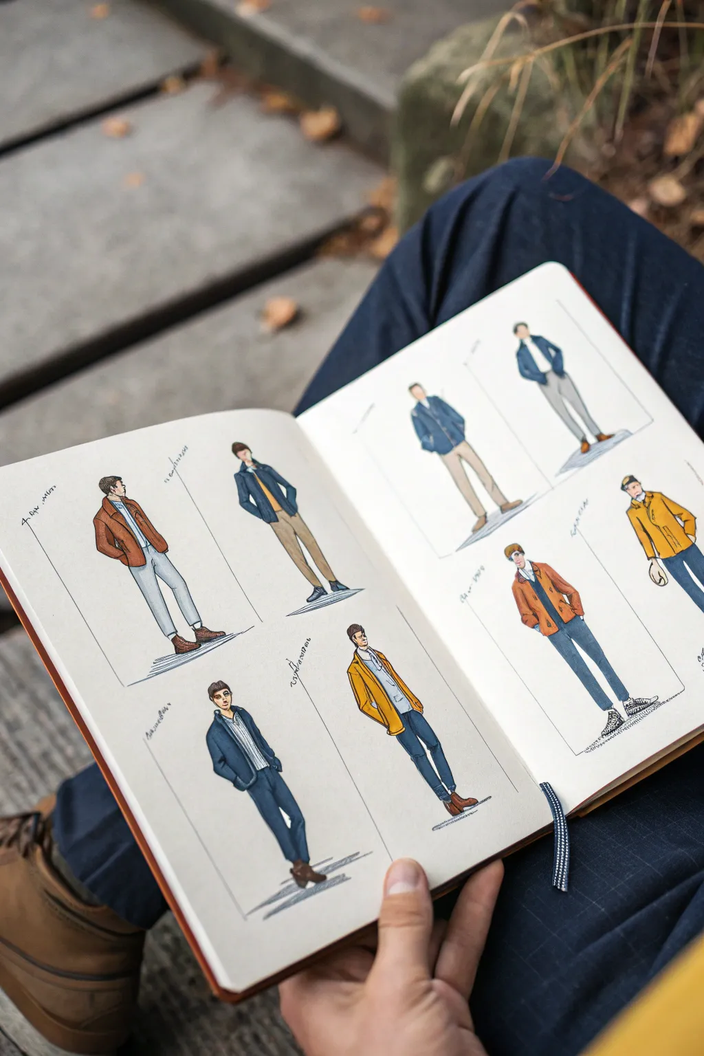 Nine jacket-and-pants combos in a clean 3x3 grid, ideal for modern male outfit sketching.
