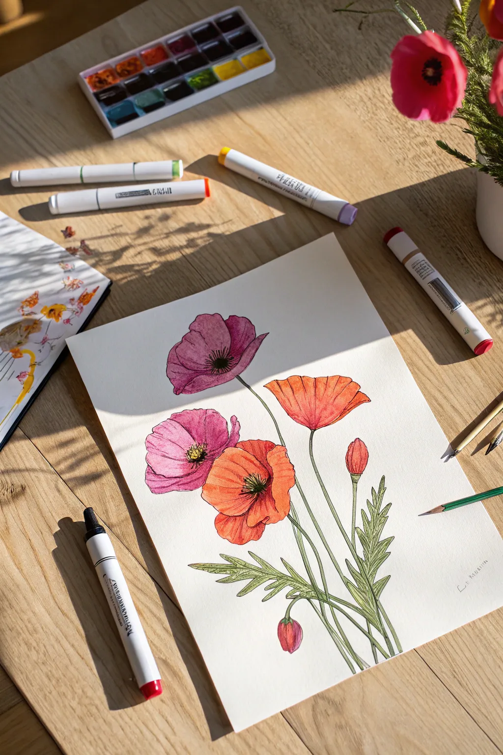 Embrace the creative mess! Style your bold marker art with scattered tools for a stunning aesthetic view.