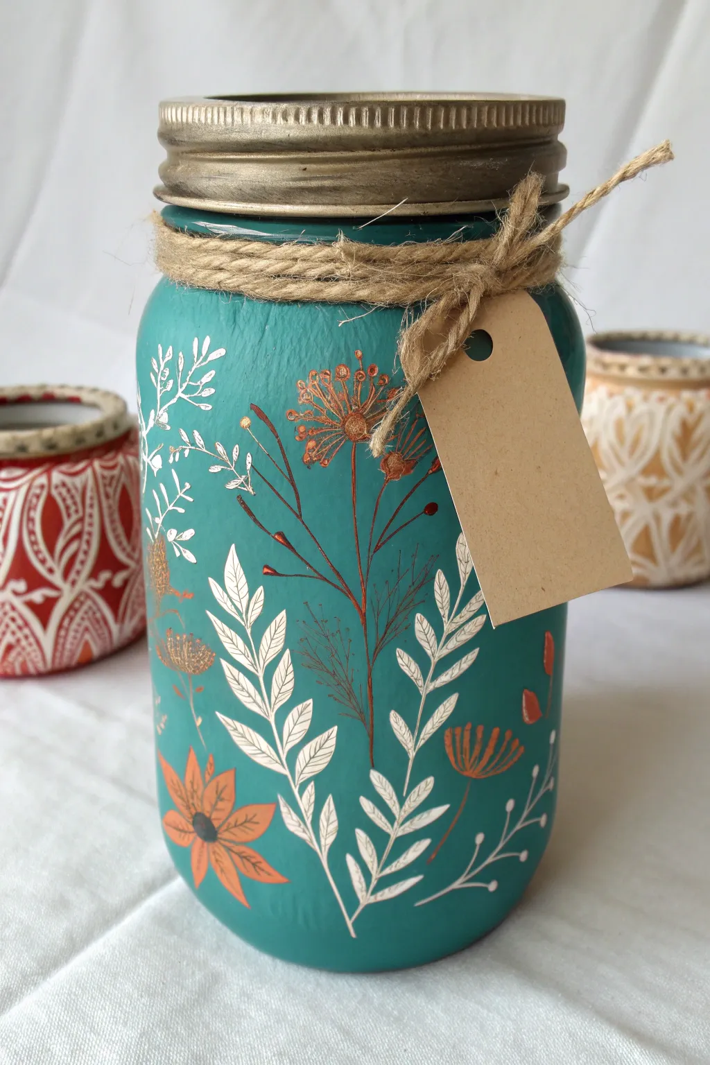 Mixed-media painted mason jar with twine and a blank tag, styled as a minimalist boho gift