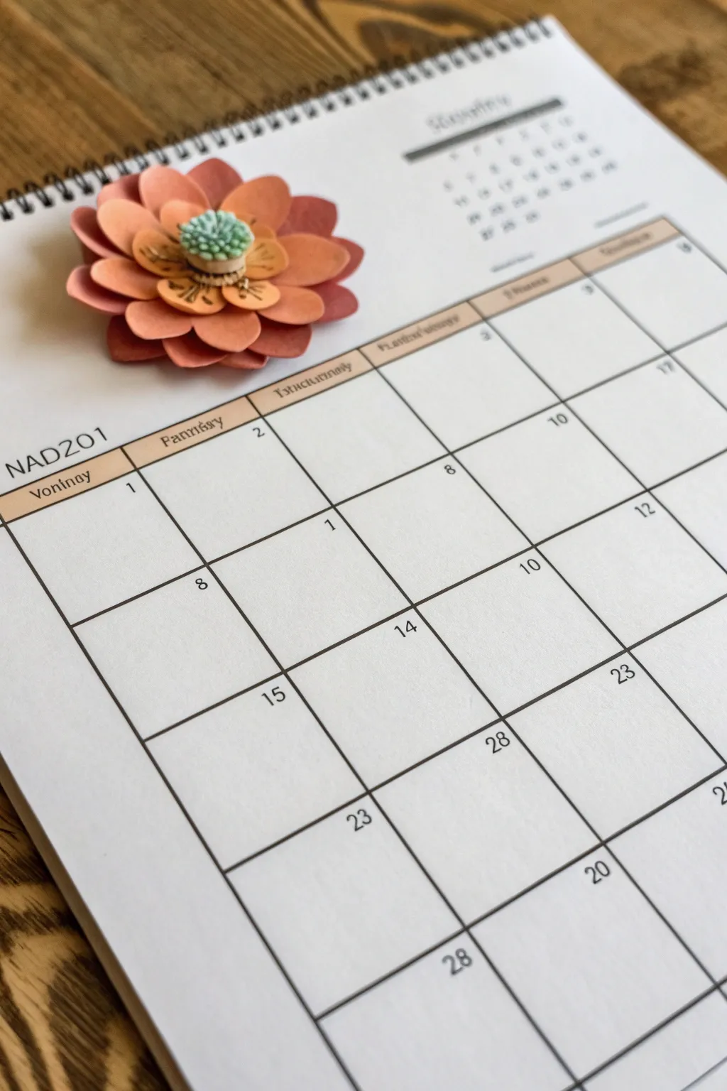 Pop-up paper flower calendar page with clean grid lines and soft 3D shadows in bold hues