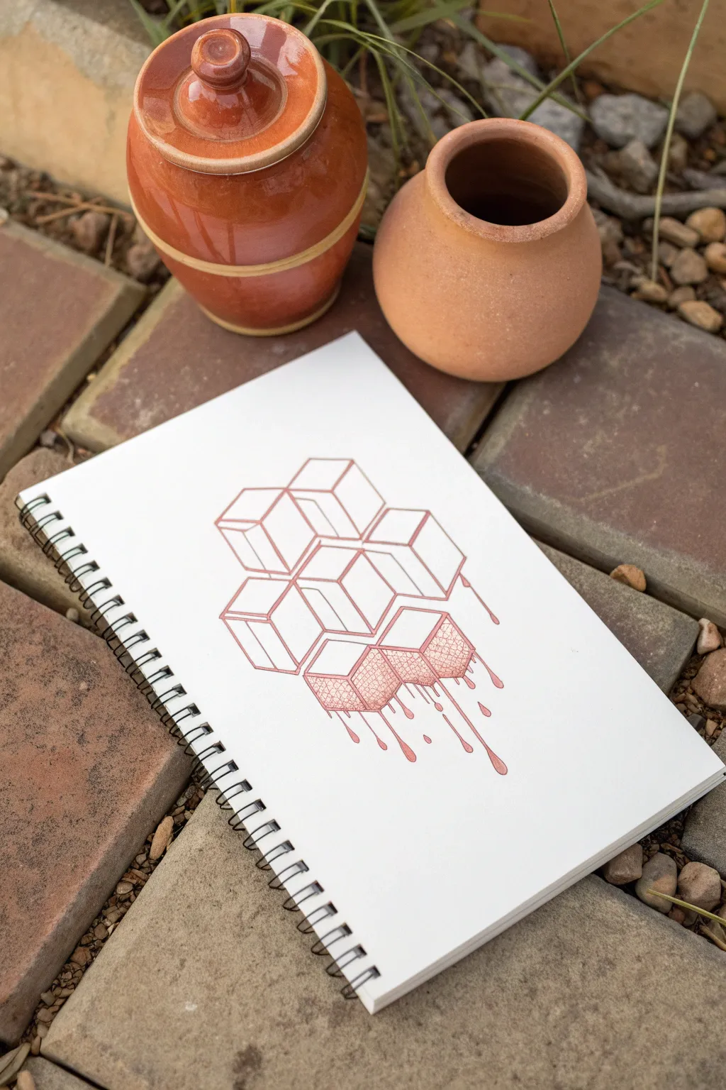 Surreal melting vase sketch: sharp cubes dissolve into bold drips for a modern geometric look