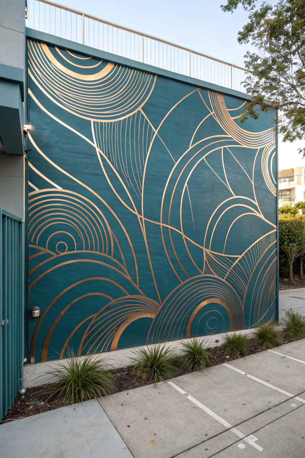 Sweeping metallic linework on a calm matte wall, catching light for instant luxe minimalism.