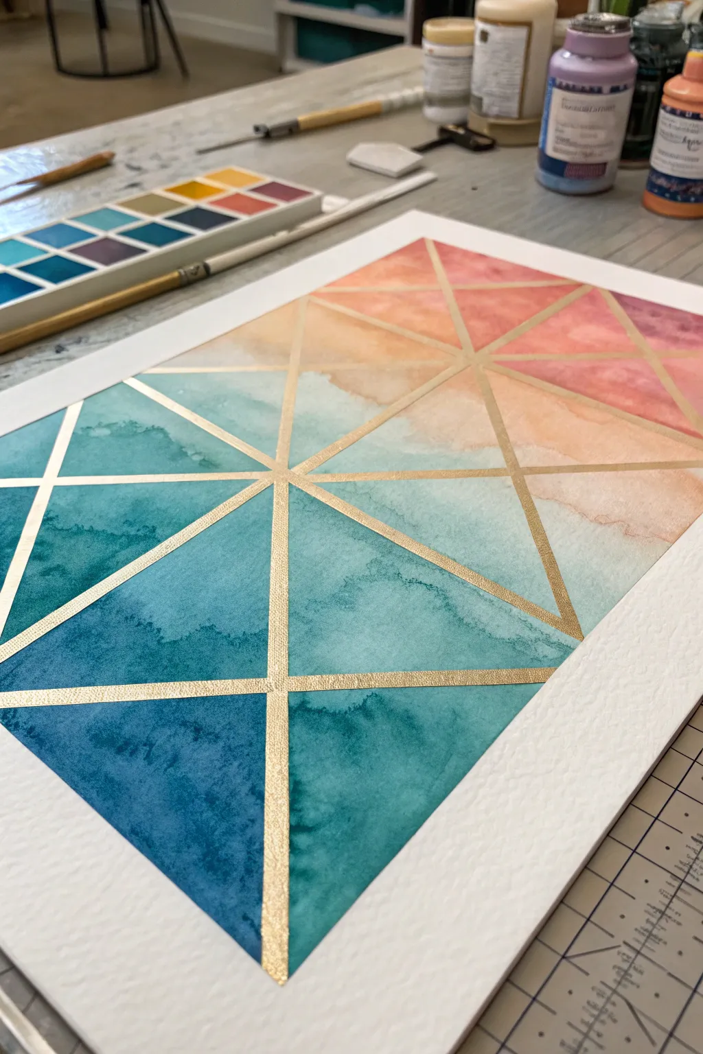Abstract metallic gradients with crisp geometric blocks for a luxe, minimalist watercolor vibe