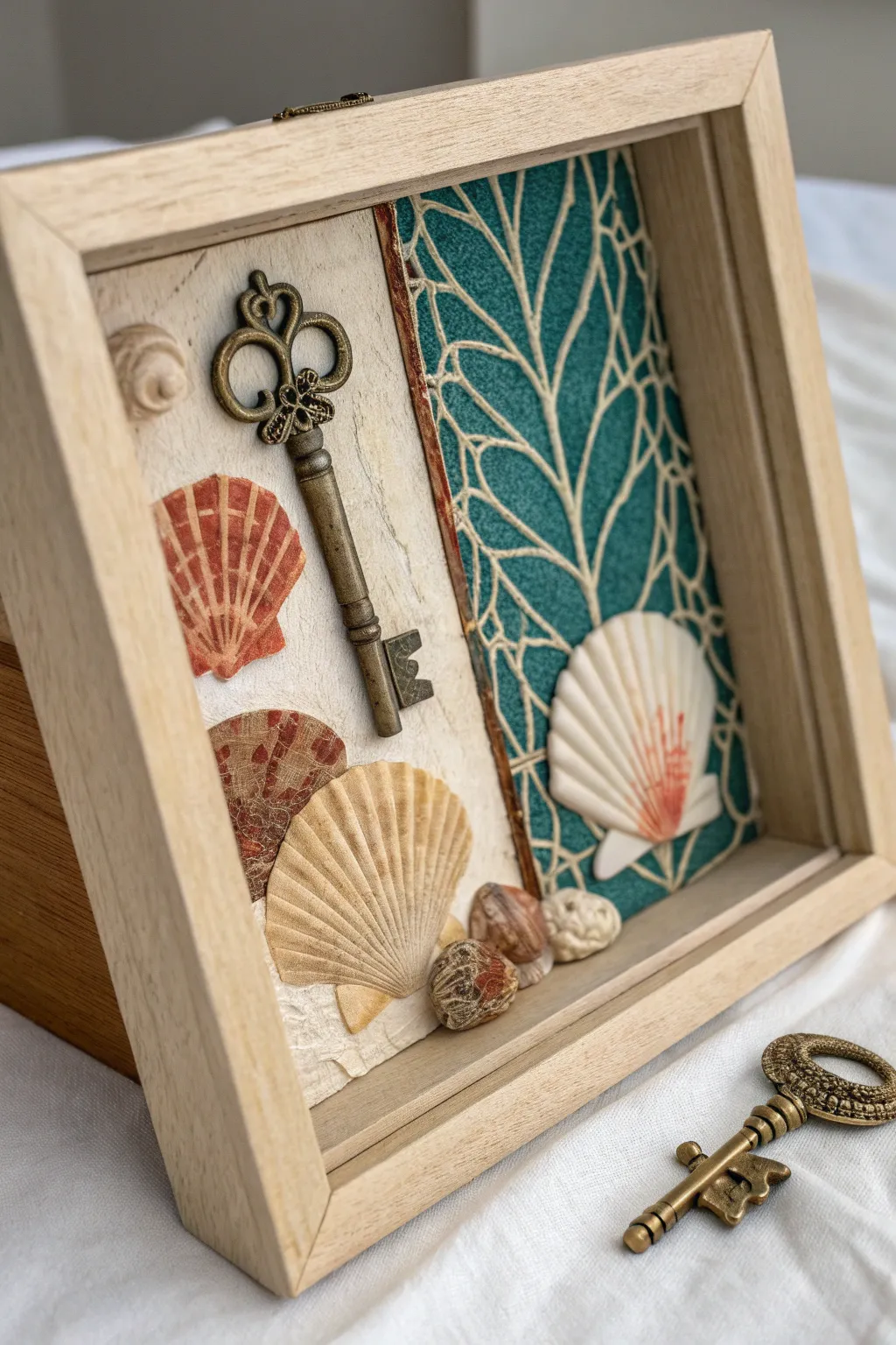 Tiny shadow-box mixed media canvas with found treasures and rich texture, cozy and modern.