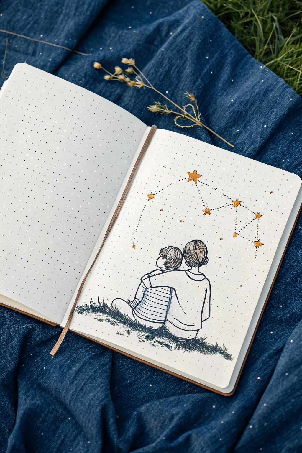 Simple mother and son sketch beneath an indigo starfield, linked by a gentle constellation line.