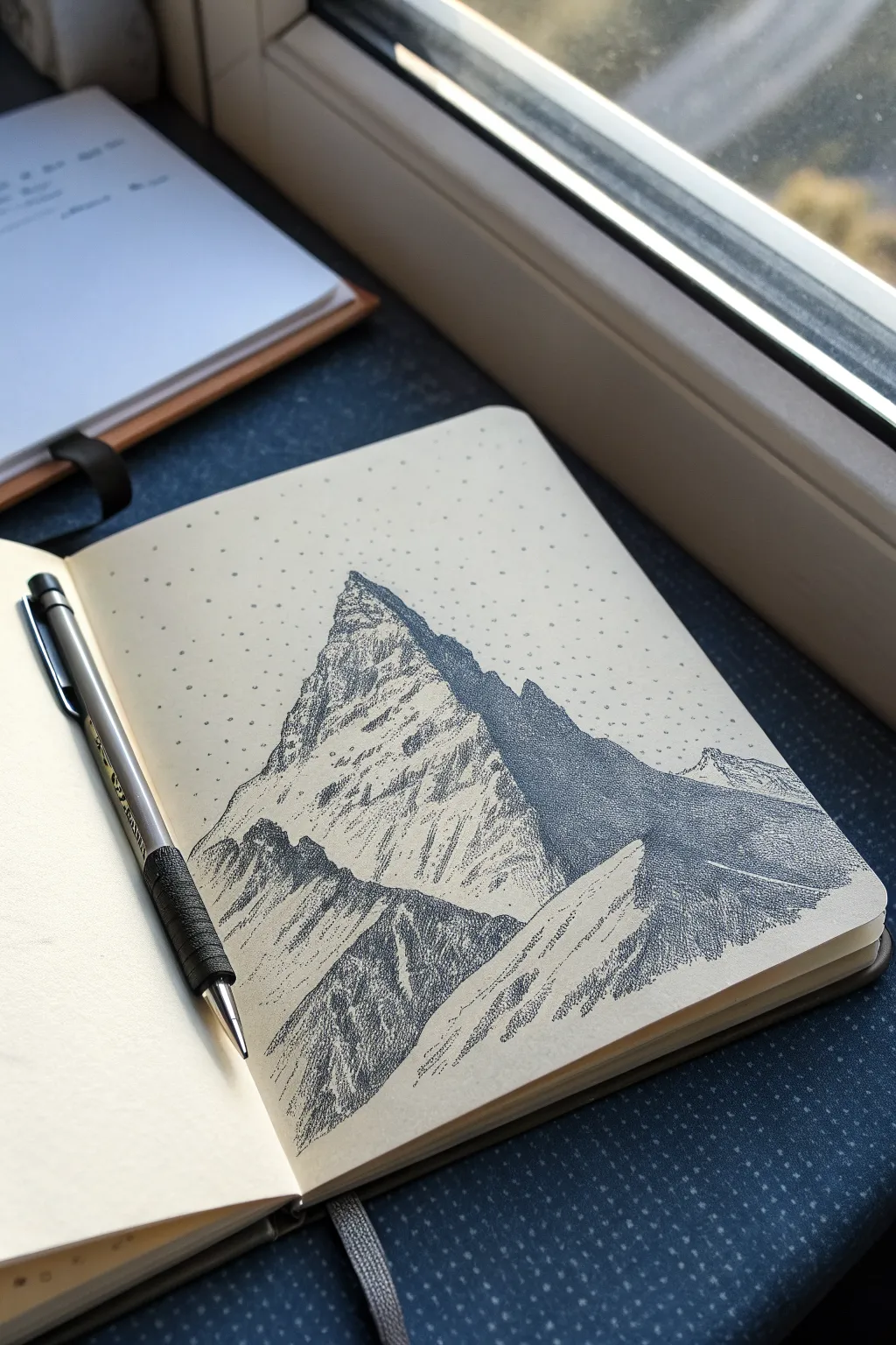 Stippled granite mountain study with crisp peak and dot shading from light to shadow