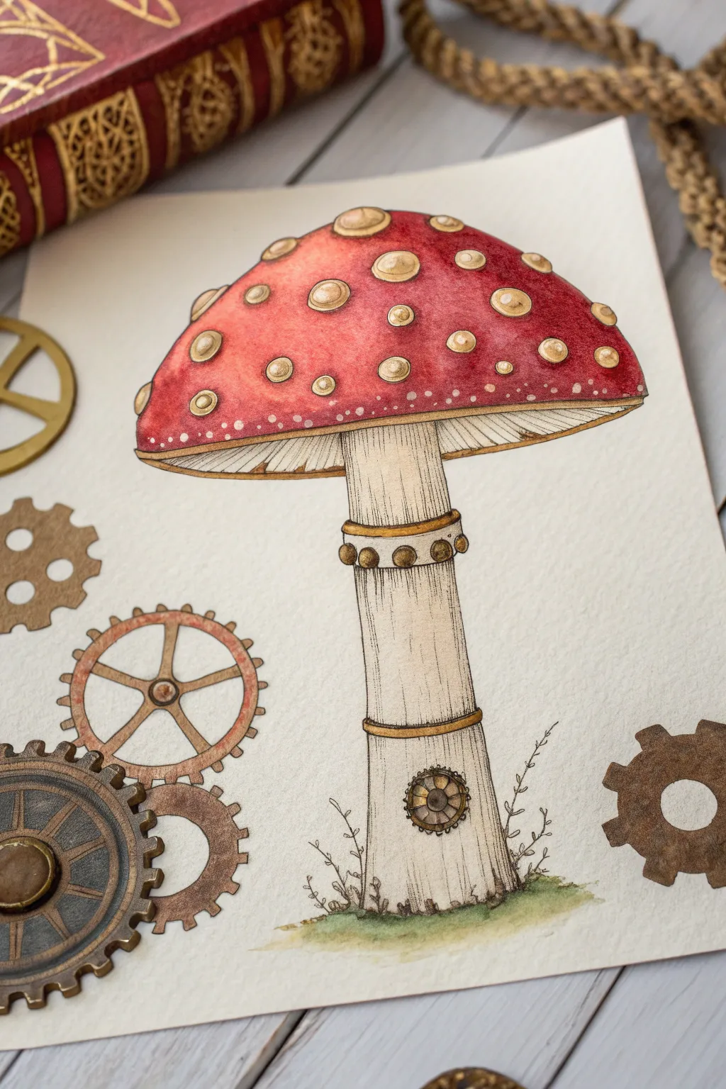 Steampunk mushroom house drawing idea with brass pipes and gears and a bold red cap