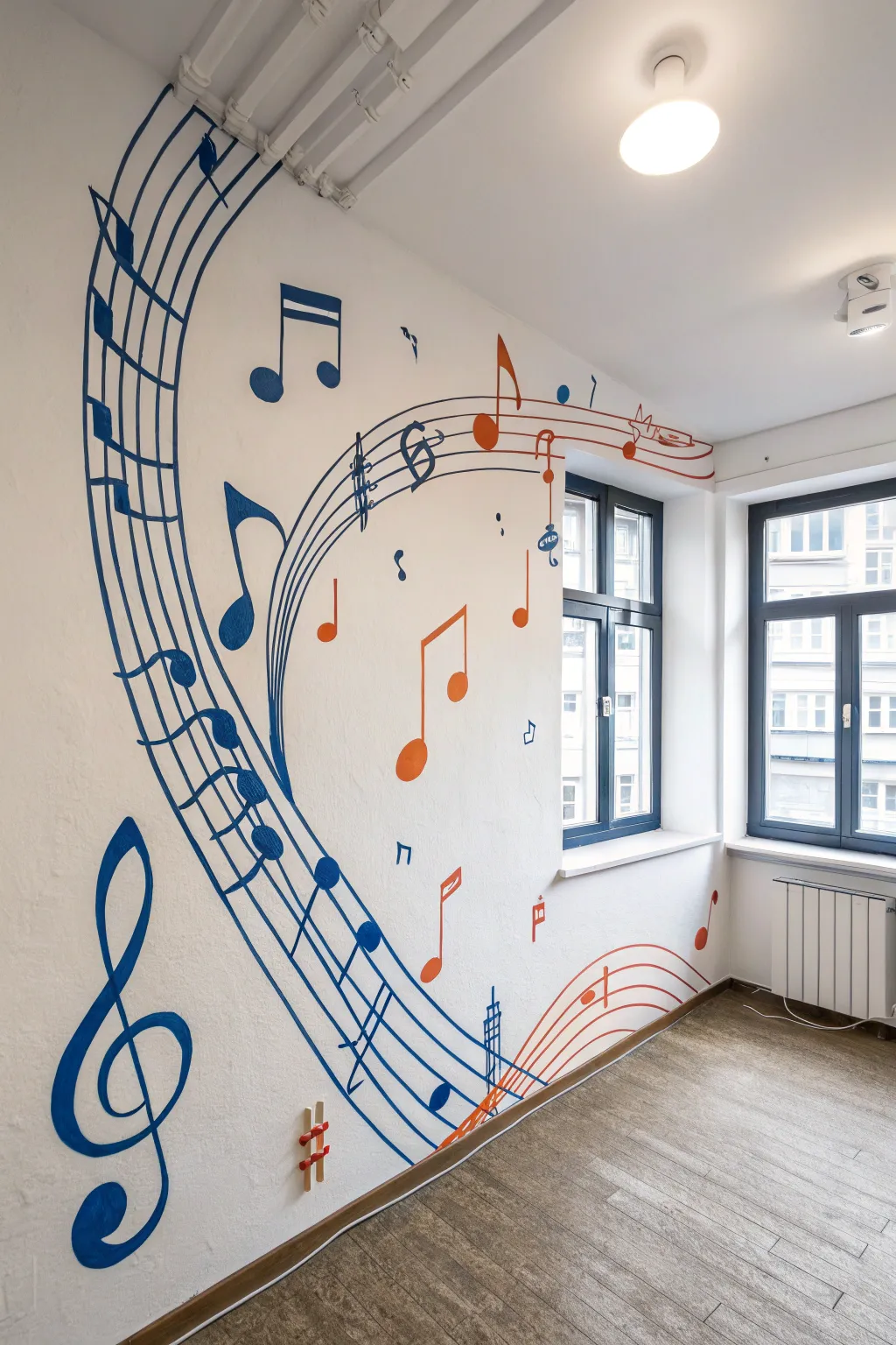 Anamorphic 3D music notes mural that snaps into focus from one viewpoint, bold yet minimal.
