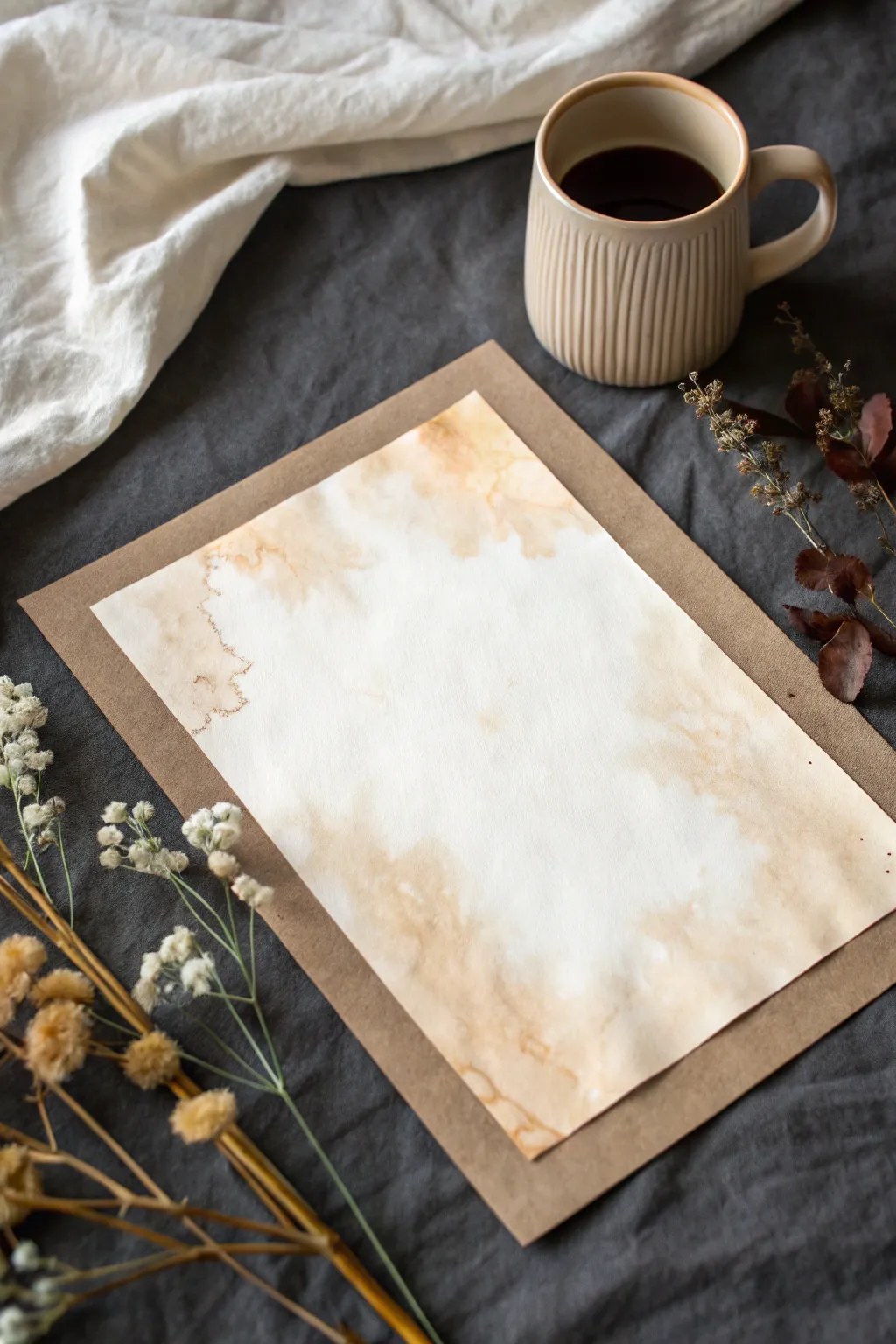 Coffee and tea stain washes make dreamy neutral clouds and rings on crisp paper, cozy and minimal