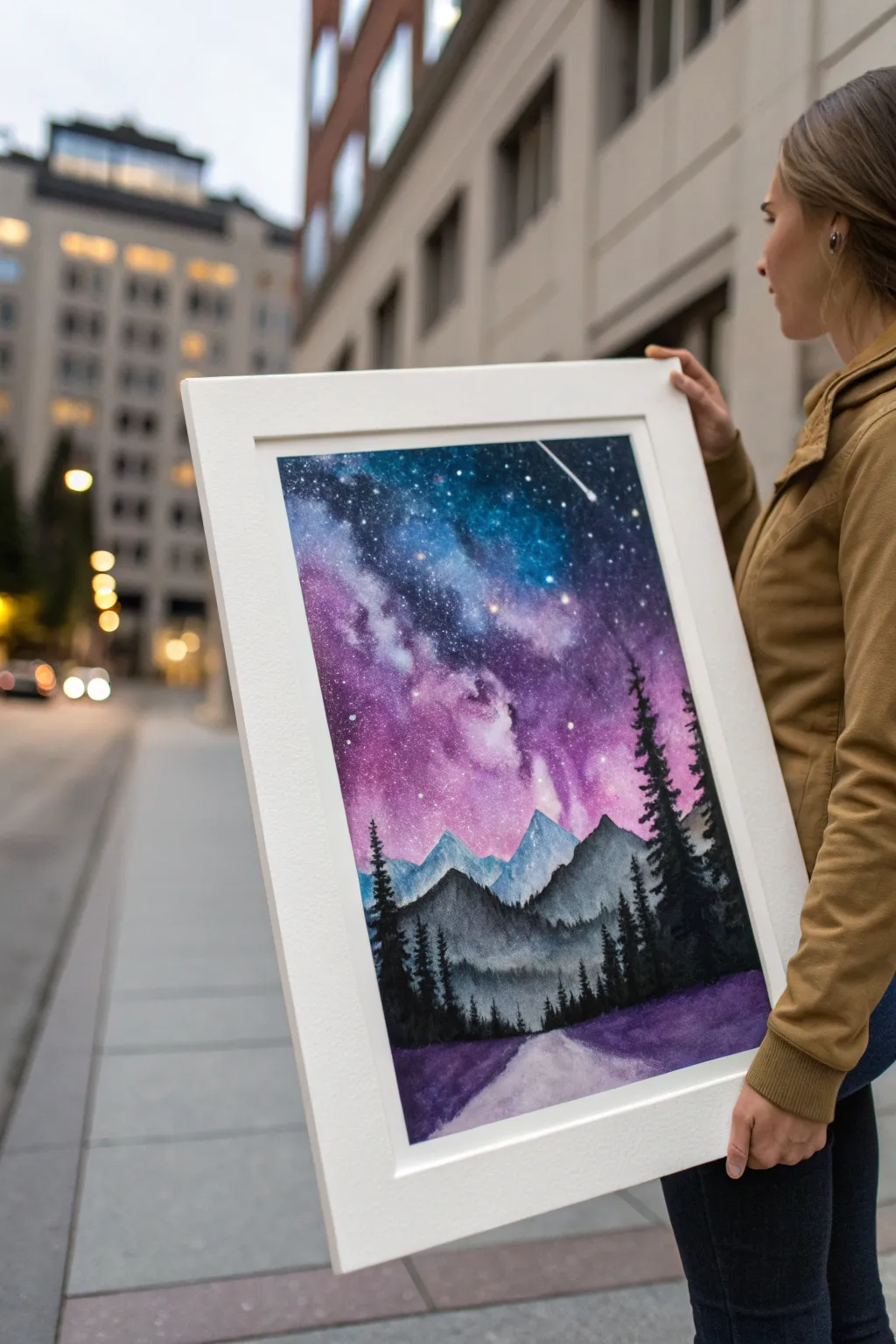 Surreal inverted night sky painting: pale sky, dark stars, and a bold black silhouette