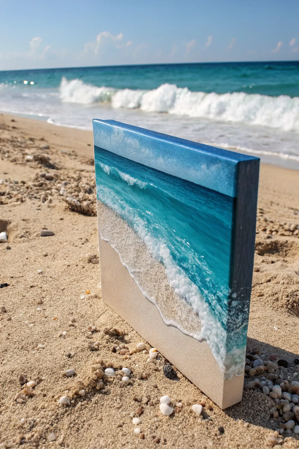 Real sand meets silky painted waves in a bold blue mixed-media shoreline canvas, calm and modern.