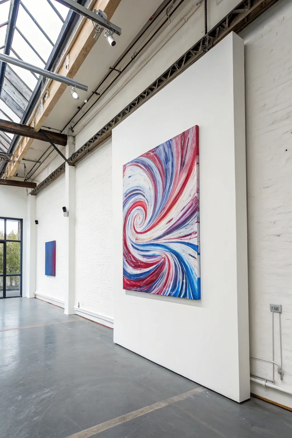 Pendulum swing pour spirals with bold color arcs and glossy pools on a clean white canvas