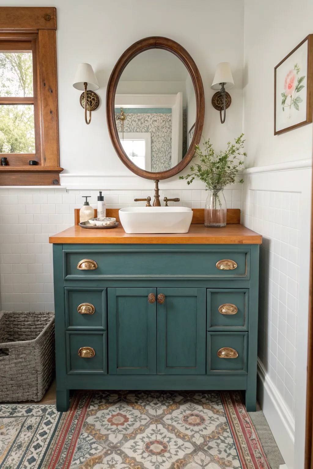 A bold painted antique vanity with a hidden hand-painted mural detail, styled simply like a found treasure