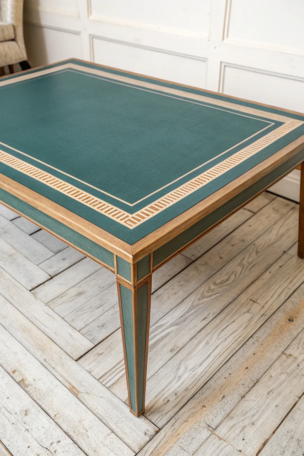 Faux inlay lines and bold color turn a painted coffee table into a classic statement piece