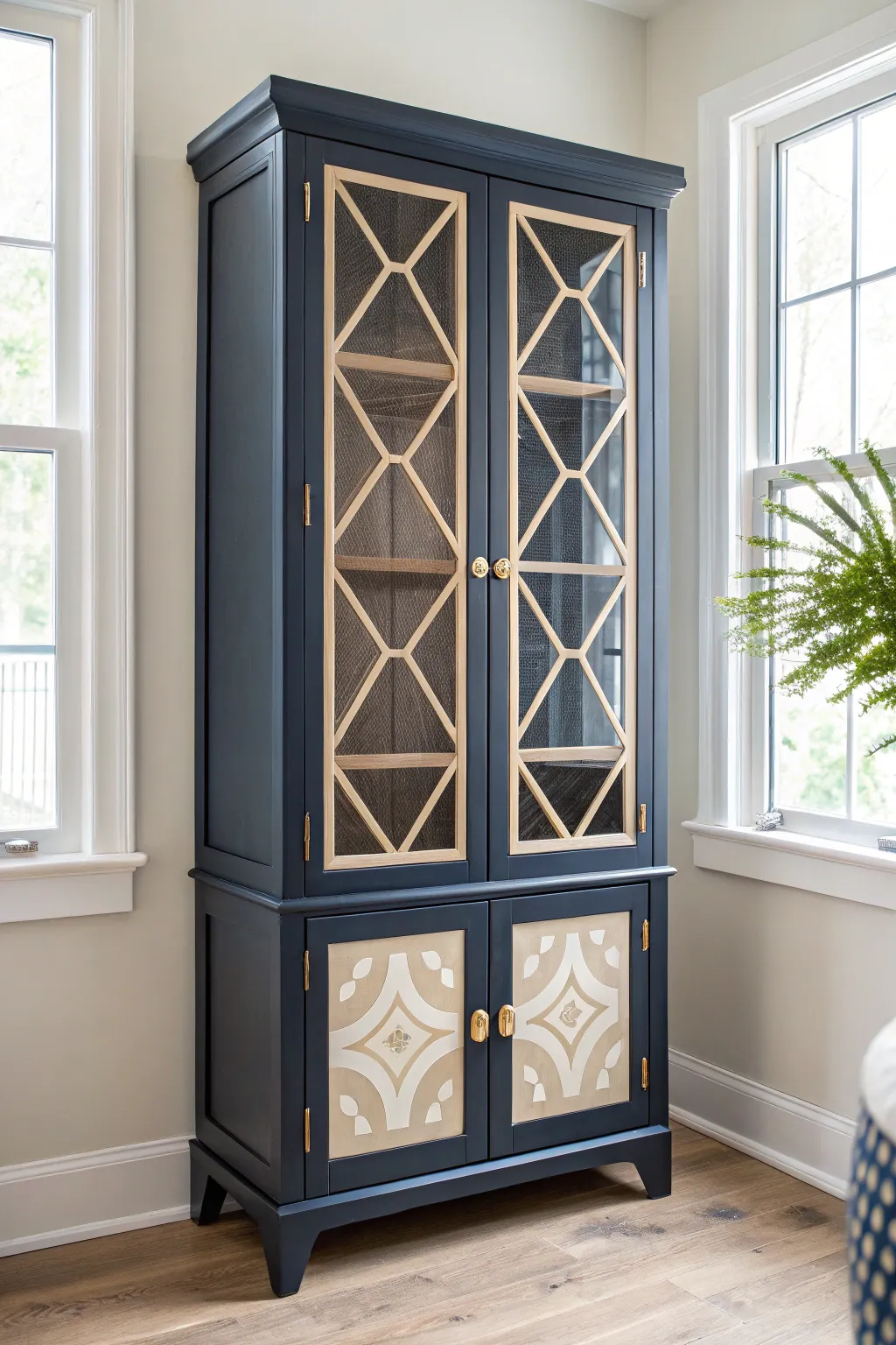 Midnight navy curio cabinet with crisp faux bone inlay doors for bold, handcrafted contrast