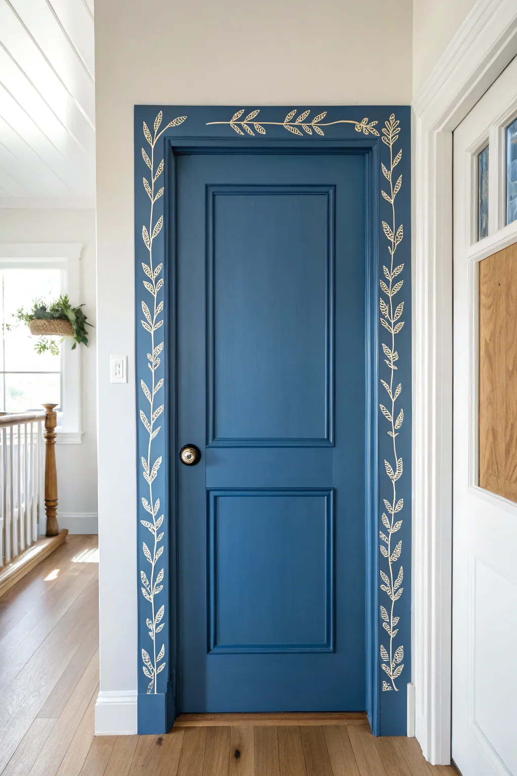 A bold cobalt door with a hand-painted vine motif for an artsy, one-of-one interior moment