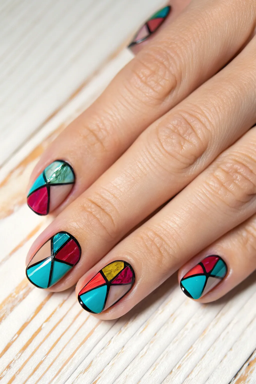 Stained-glass outline nails with luminous jewel tones and crisp black lines in bright daylight.