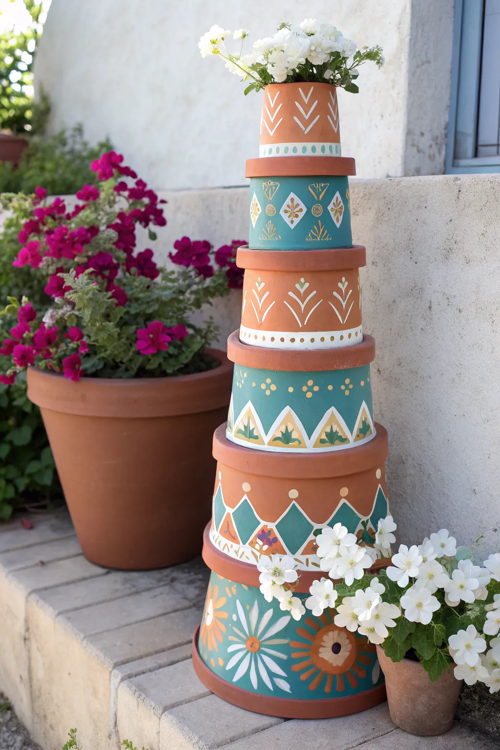 Stacked painted terracotta pot tower with bold patterns and cascading blooms on a sunny patio